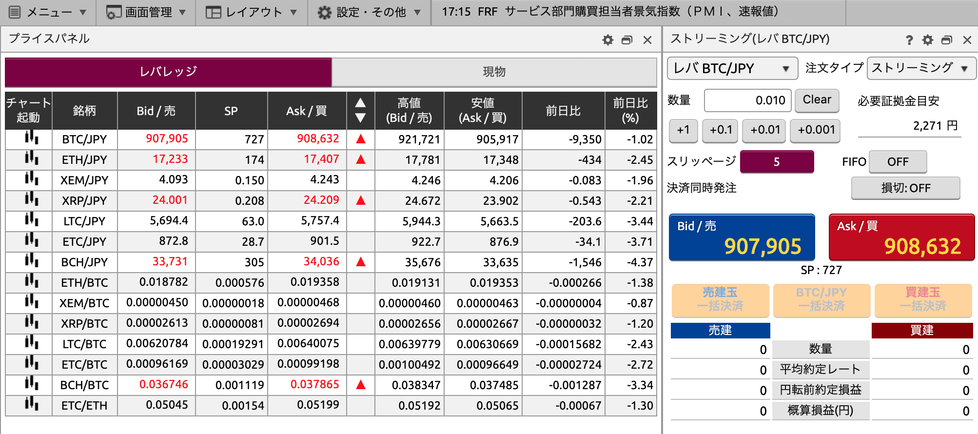 DMM Bitcoin　レバレッジ取引画面