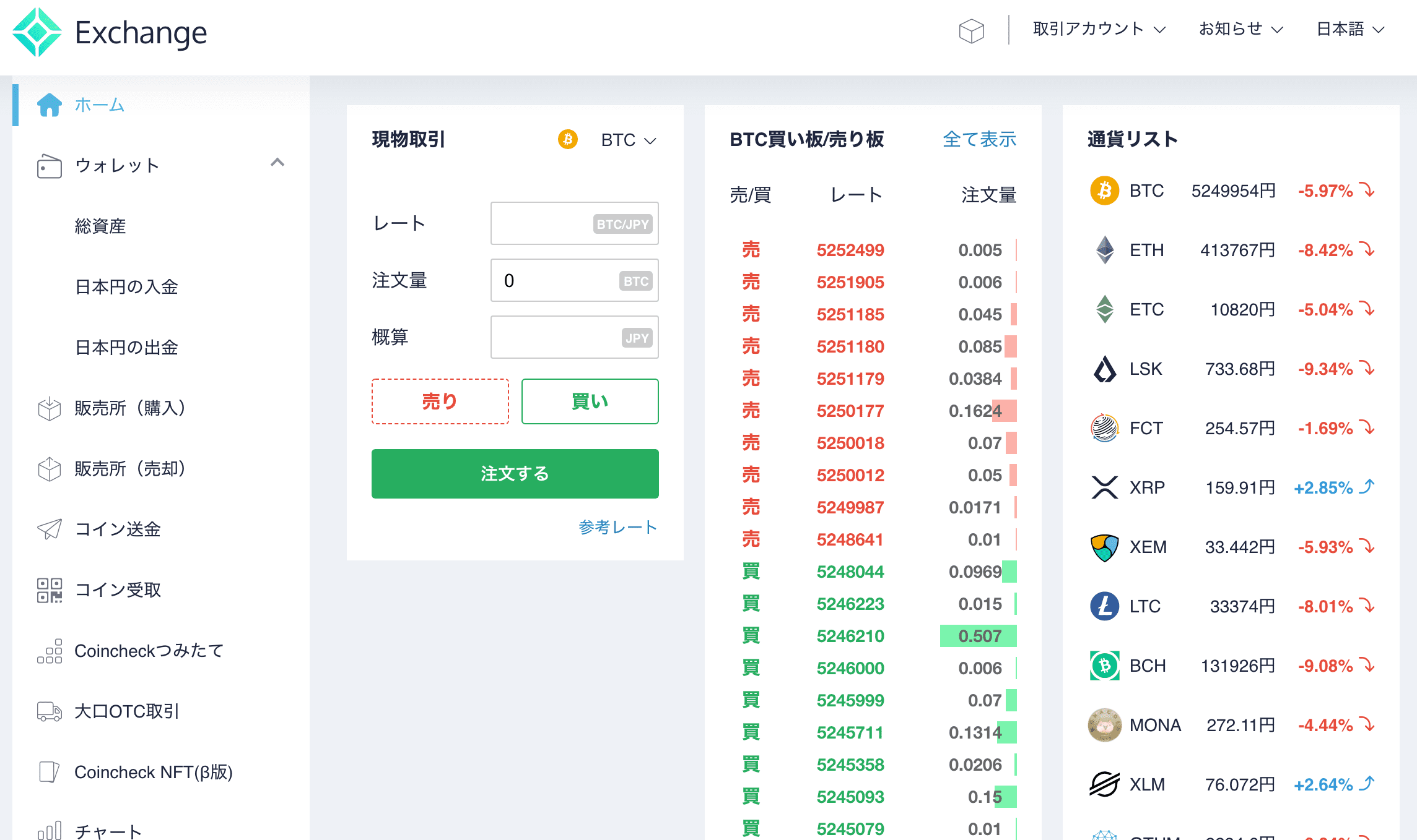 コインチェックPC 取引所(板取引)