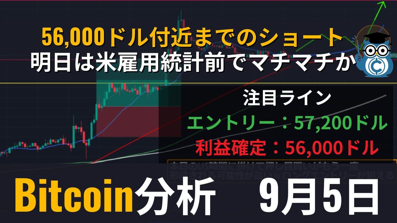 相場分析】ビットコイン(BTC)予想・テクニカルポイント｜56,000ドル付近までのショート予想。明日は米雇用統計を控えてマチマチか？ –  CoinPartner(コインパートナー)