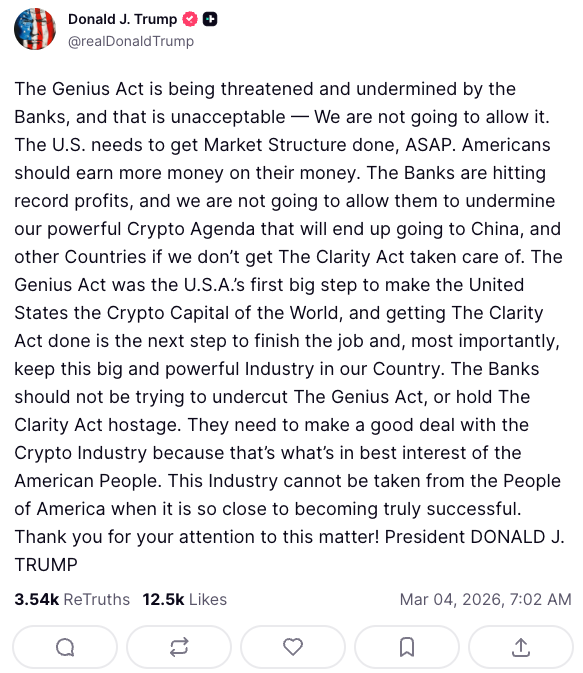 トランプ大統領、仮想通貨市場構造法「クラリティ法案」の早期成立を要請