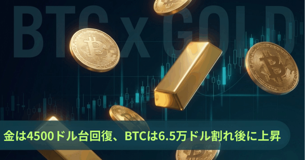 原油高で金は4500ドル台回復、ビットコインは6万5000ドル割れ後に上昇