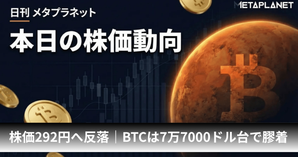 メタプラネット、株価292円へ反落｜ビットコインは7万7000ドル台で伸び悩み
