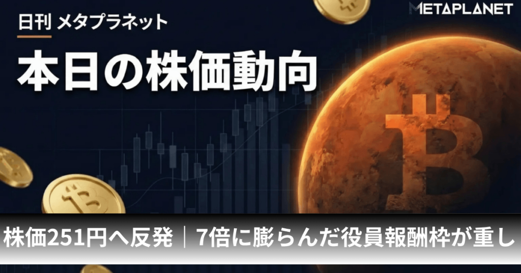 メタプラネット、株価251円へ反発｜BTC買い増しで7倍に膨らんだ役員報酬枠が重し