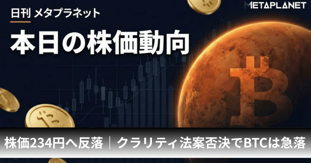 メタプラネット、株価234円の反落｜クラリティ法案否決でBTCは7万5000ドル割れ